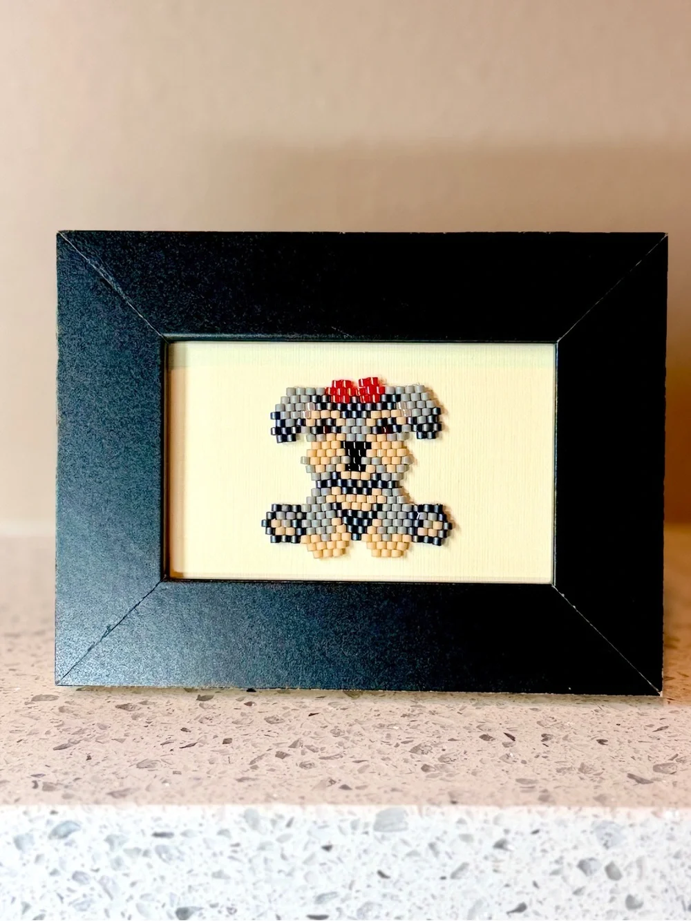 Tiny Schnauzer Bead Art in Black Frame • Handmade Mini Dog Decor